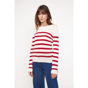 Pull Mariniere femme ZAROL en cachemire ecru rouge