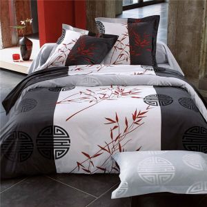 Housse de couette motifs zen bambous et idéogrammes - Noir