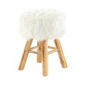Pouf fausse fourrure blanche pieds en bois