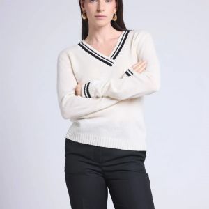 PULL COL V CRICKET COLLEGE blanc avec le col noir en cachemire