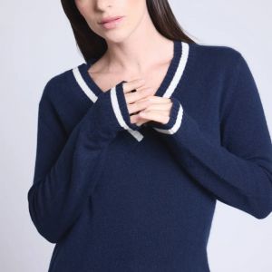 PULL COL V CRICKET COLLEGE bleu et blanc en cachemire
