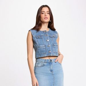 Veste en jean boutons strass bleu