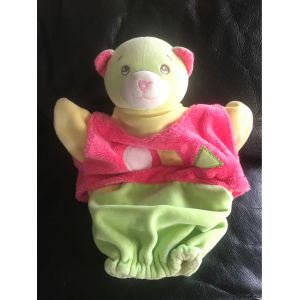 Doudou Plat Marionnette Chat Rose Vert Jaune Souris Nounours 22cm - Occasion