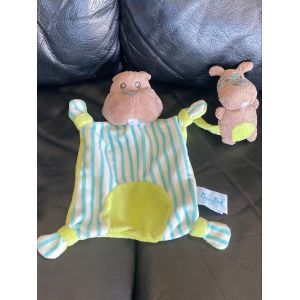 DOUDOU PLAT CASTOR MARRON VERT BLEU RAY&Eacute; AVEC SON PETIT BABY NAT 21CM - Occasion