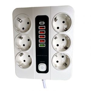Power strip surge protection device with 3000W , 10A,100V-250 +,6 prises , 5 ports USB(QC3.0) ,1 ports type-c(PD20W), rallonge 2M-WHITE - Occasion