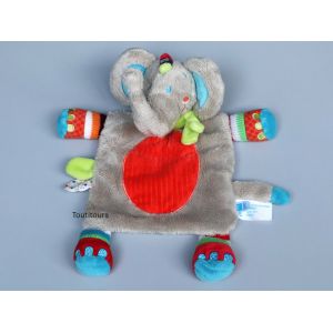 Doudou &eacute;l&eacute;phant plat Tex Baby gris rouge &eacute;charpe vert - Occasion