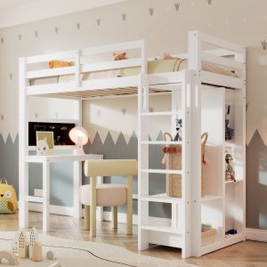 Lit Enfant Lit Mezzanine Avec Bureau Armoire Ouverte Et Étagères Lit Enfant Avec Sommier À Lattes Et Protection Antichute Lit Simple Surface De Couchage 90x200 Cm -109x206x184cm (Lxlxh) -Blanc - Occasion