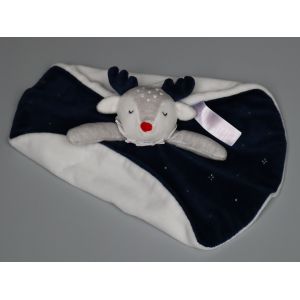 Doudou renne rond plat Oba&iuml;bi bleu marine blanc gris - Occasion