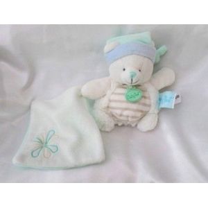 Doudou Peluche Ours Blanc Rayures Bonnet Bleu Et Vert Avec Mouchoir Fleur Babynat - Occasion