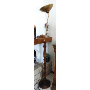 Lampadaire Halogène Pied En BoisTête En Métal Cuivré - Occasion
