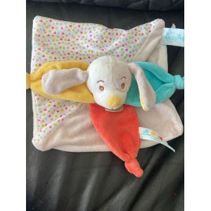 Baby&#39;Nat Collection Diablotin le chien doudou plat gris jaune rouge bleu 20*20cm - Occasion