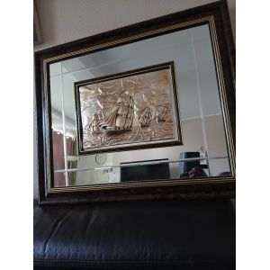 Tableau relief miroir Vintage représentant bateau fond miroir excellent état art déco murale cadre en bois foncé poids 3 ,5g - Occasion