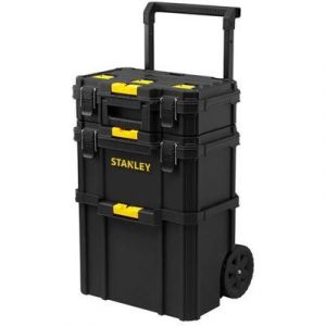 Servante Atelier Stanley. 3 en 1 STANLEY est un outil pratique et modulable. Elle comprend une boîte à outils basse et haute, ainsi qu&#39;un bac amovible. 4 roues en caoutchouc et poignée télescopique - Occasion