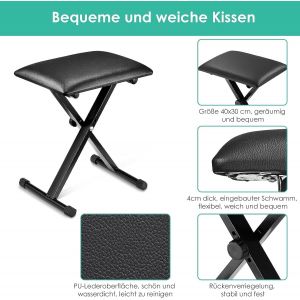 Tabouret Piano R&eacute;glable En Hauteur, Siege Piano En Forme De X, Banc Piano Pliable, Piano Throne Rembourr&eacute; En Cuir Synth&eacute;tique, Noir - Occasion