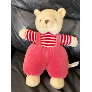 Doudou Peluche Ours Grelot Luc Bernaert Beige Rose Ray&eacute; Rouge 21 cm - Occasion