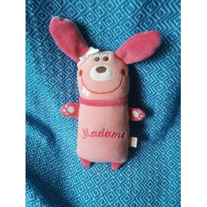 Doudou Lapin Rose Grelot Brodé Madame Dpam Bébé - Occasion