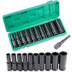 Coffret de 10 douilles &agrave; chocs profondes, douilles longues hexagonales de 10 &agrave; 24 mm avec bo&icirc;te de rangement en plastique, jeu de douilles pour cl&eacute; &agrave; chocs de 1/2 pouce - Occasion