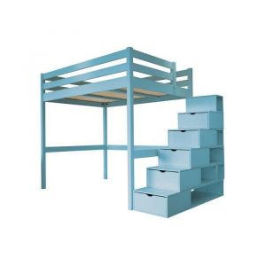 Lit Mezzanine Sylvia Avec Escalier Cube Bois - Couleur - Bleu Pastel, Dimensions - 140x200 - Occasion