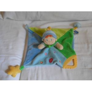 Doudou Lutin Clown Garcon Foulard Echarpe Vert Bandana Carré Plat Bleu Et Vert Avec Anneau Dentition Etoile Attache Sucette Tetine Jaune Mots D'enfants Rond Rose Leclerc Siplec - Occasion