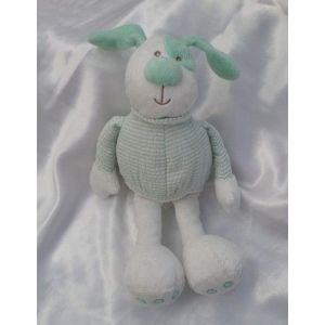 Doudou Peluche Chien Lapin Blanc Et Vert Tissu Rayures Grelot Monoprix - Occasion