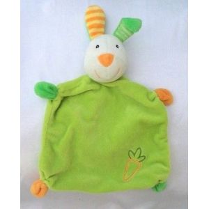 Doudou Peluche Plat Lapin Vert Et Orange Carotte Grelot Baby Club - Occasion