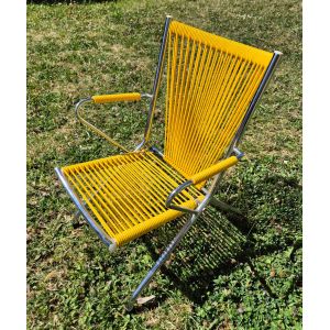 Chaise Scoubidou Enfant Vintage Structure Métal Chromé Et Assise Jaune Pliante Année 60/70 - Occasion