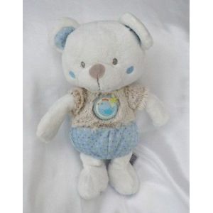 Doudou Peluche Ours Blanc Marron Et Bleu Pois Oiseau Mots D'Enfants - Occasion