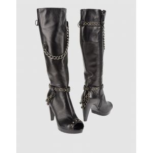 Mare ? Neuf - Bottes En Cuir Noir À Bout Ouvert À Talon Style Rock Gothique Avec Chaînes Argent - 38 - Occasion