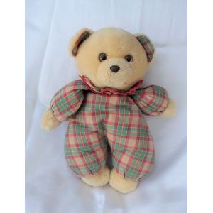Doudou Peluche Ours Beige Corps Tissu Carreaux Rouge Vert Grelot Nounours - Occasion