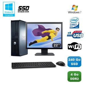 Lot PC DELL Optiplex 760 DT Intel E8400 3Ghz 4Go DDR2 240Go SSD WIFI Win 7 + 22 - Occasion