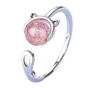 Bague Ajustable Tete De Chat Et Perle Rose. Argent Sterling 925 - Occasion