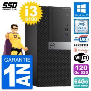 PC Tour Dell OptiPlex 7050 Intel i3-6100 RAM 64Go SSD 120Go HDMI Windows 10 Wifi - Occasion
