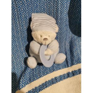 Doudou Ours Bleu Blanc Bonnet Rayé Anneau Max And Sax - Occasion