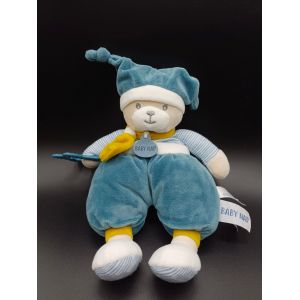 Peluche pantin doudou d&#39;activités - ours Polochon - bleu jaune - BABY NAT&#39; - Bisous tout doux - Occasion