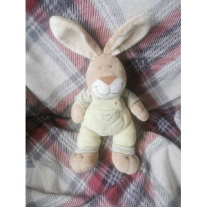 Doudou Lapin Marron Beige Rayé Salopette Jaune Coeur Mots D'enfants - Occasion