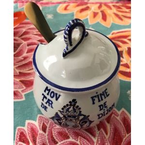 Pot À Moutarde En Faience Blanche Signée Avec Décors Bleus Fine De Dijon Avec Cuillère En Corne - Occasion