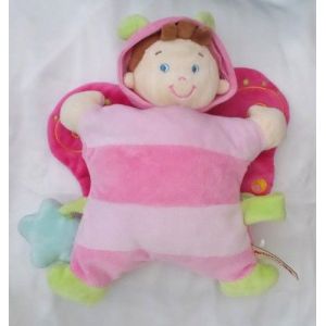 Doudou Peluche Semi Plat Gar&ccedil;on Papillon Rayures Rose Attache T&eacute;tine Fleur Bleu Nicotoy - Occasion