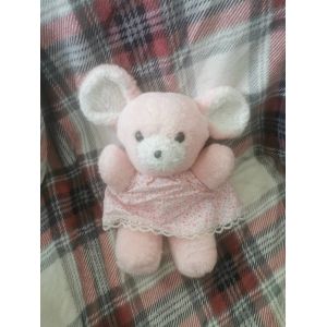 Doudou Peluche Souris Rose Blanc Robe Tissu Dentelles Fleurs Chamti Vintage Ancien - Occasion