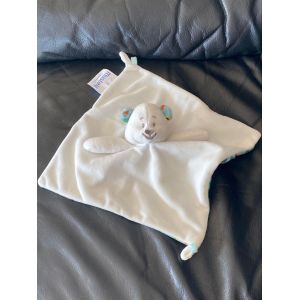 DOUDOU MUSTI MUSTELA OURS PLAT BLANC DOS BLEU VERT FEUILLE FLEUR 24*24CM - Occasion