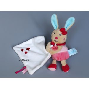 Doudou lapin mouchoir Baby Nat rose blanc bleu coeur - Occasion
