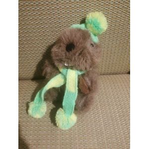 Doudou Peluche Marmotte Marron Poils Mi Longs Echarpe Bonnet Pompon Vert Jaune - Occasion