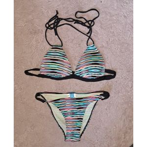 Maillot De Bain Femme Longboard Rayures Bleu Rose Jaune Taille 36 R&eacute;glable Soutien Gorge Rembourr&eacute; + Culotte Retro Top Tendance Mode - Neuf - Envoi Tr&egrave;s Rapide Et Soigne. - Occasion