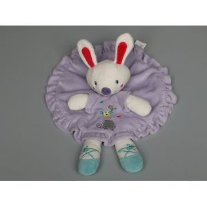 Doudou lapin plat Nicotoy rond violet blanc - Occasion