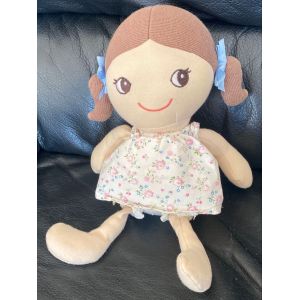 Doudou peluche poupee robe fleurie cheveux marron H et M 29cm - Occasion