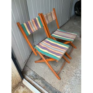 Piece Rare : Chaise-Fauteuil Pliante Vintage En Tissu Rayé Et Hêtre Italie Années 50 - Occasion