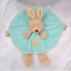 Doudou Peluche Lapin Beige Plat Rond Bleu Capuche Broderie T&ecirc;te D'Ours Nicotoy - Occasion