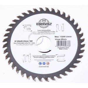 Eisenwolf 125x22,23 mm durable et r&eacute;sistante enti&egrave;rement tremp&eacute;e et tendue, lame de scie circulaire pour le bois avec 40 dents TCT inclin&eacute;es et d&eacute;coupes au laser pour une r&eacute;duction du bruit - Occasion