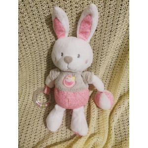 Doudou Peluche Lapin Rose Blanc Gris Balle Anneau Billes Mots D'enfants - Occasion