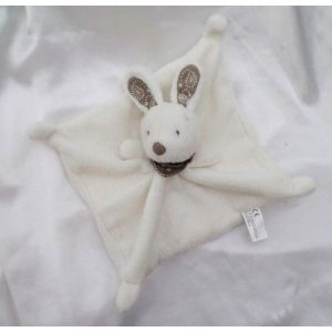 Doudou Peluche Lapin Plat Carr&eacute; Blanc Foulard Bandana Marron Broderies Noeuds Simba Dickie Nicotoy - Occasion