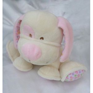 Doudou Peluche Chien Assis Blanc Et Rose Motif Bulles Grelot Gipsy - Occasion
